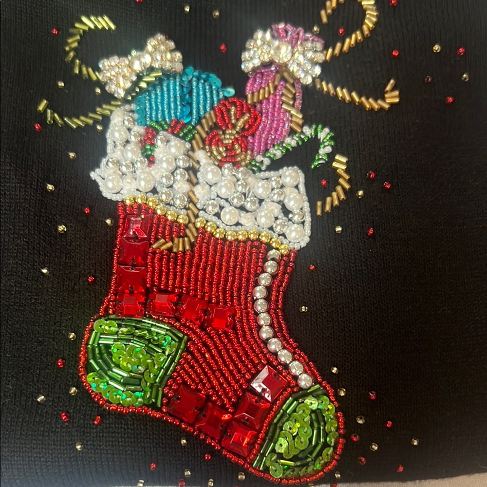 Vintage Just B Black Holiday Sweater with Colorful Sequin Stocking - Picture 8 of 9